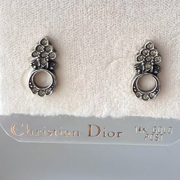 NWT Vintage Christian Dior Signed Gunmetal Plated Earrings with 14 kt Gold Posts